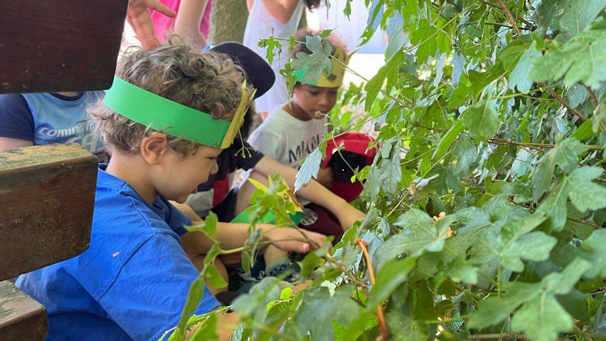 Kinder erkunden im Rahmen der „proNKids“-Stiftung die Büsche und Bäume in ihrer Kindertagesstätte.