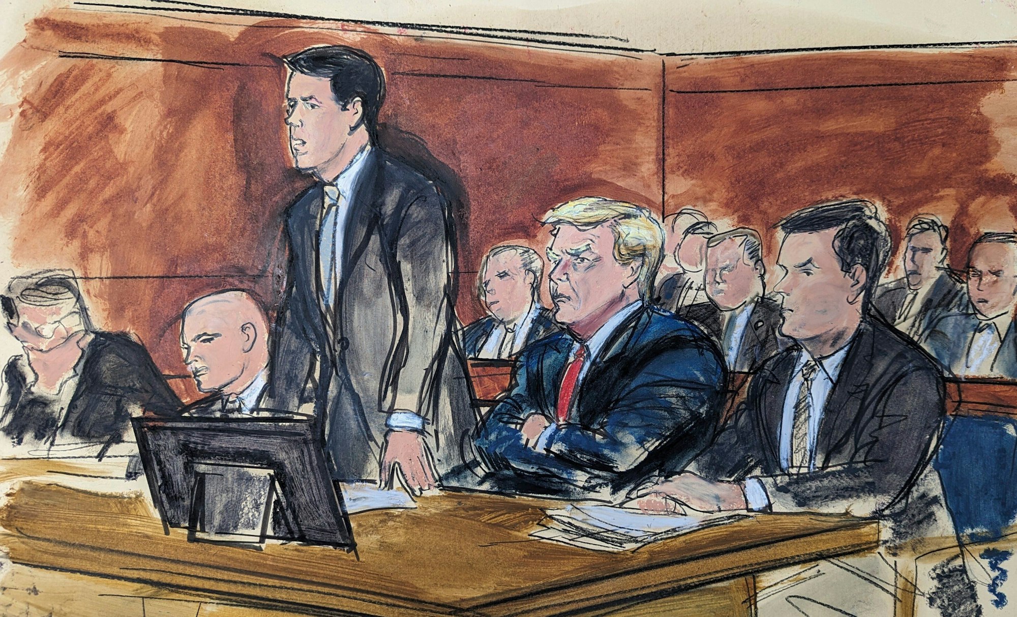 Prozess in Miami: In dieser Skizze aus dem Gerichtssaal bekennt sich der Anwalt Todd Blanche (3.v.l) im Namen des ehemaligen Präsidenten Donald Trump (2.v.r) vor einem Bundesgericht in Miami für nicht schuldig.