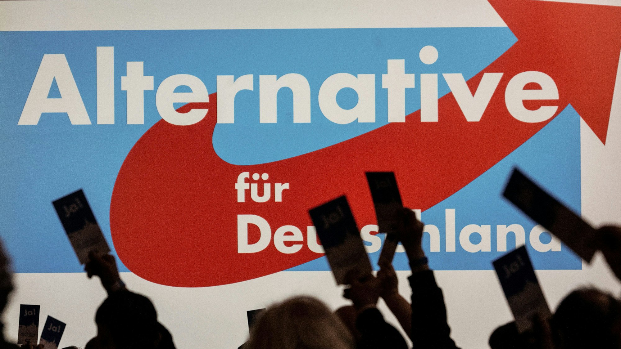 25. Februar 2023, Hessen, Melsungen: Delegierte halten beim Landesparteitag AfD Hessen ihren Stimmzettel.