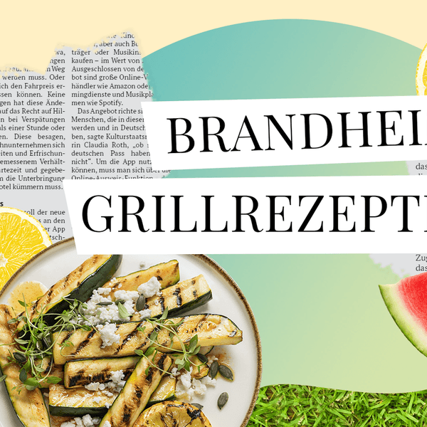 „Brandheiße Grillrezepte“ steht auf einer Fotomontage mit Gegrilltem und Zubehör.