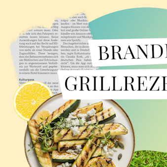 „Brandheiße Grillrezepte“ steht auf einer Fotomontage mit Gegrilltem und Zubehör.
