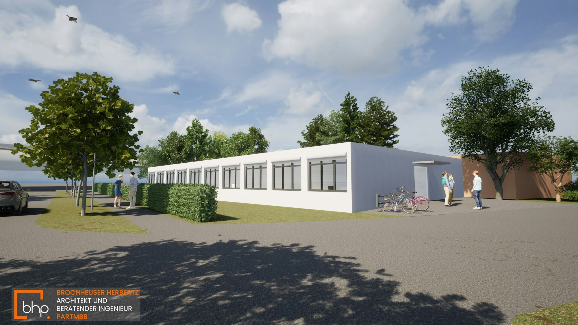 Illustration der weißen, mit großen Fenstern ausgestatteten Container.