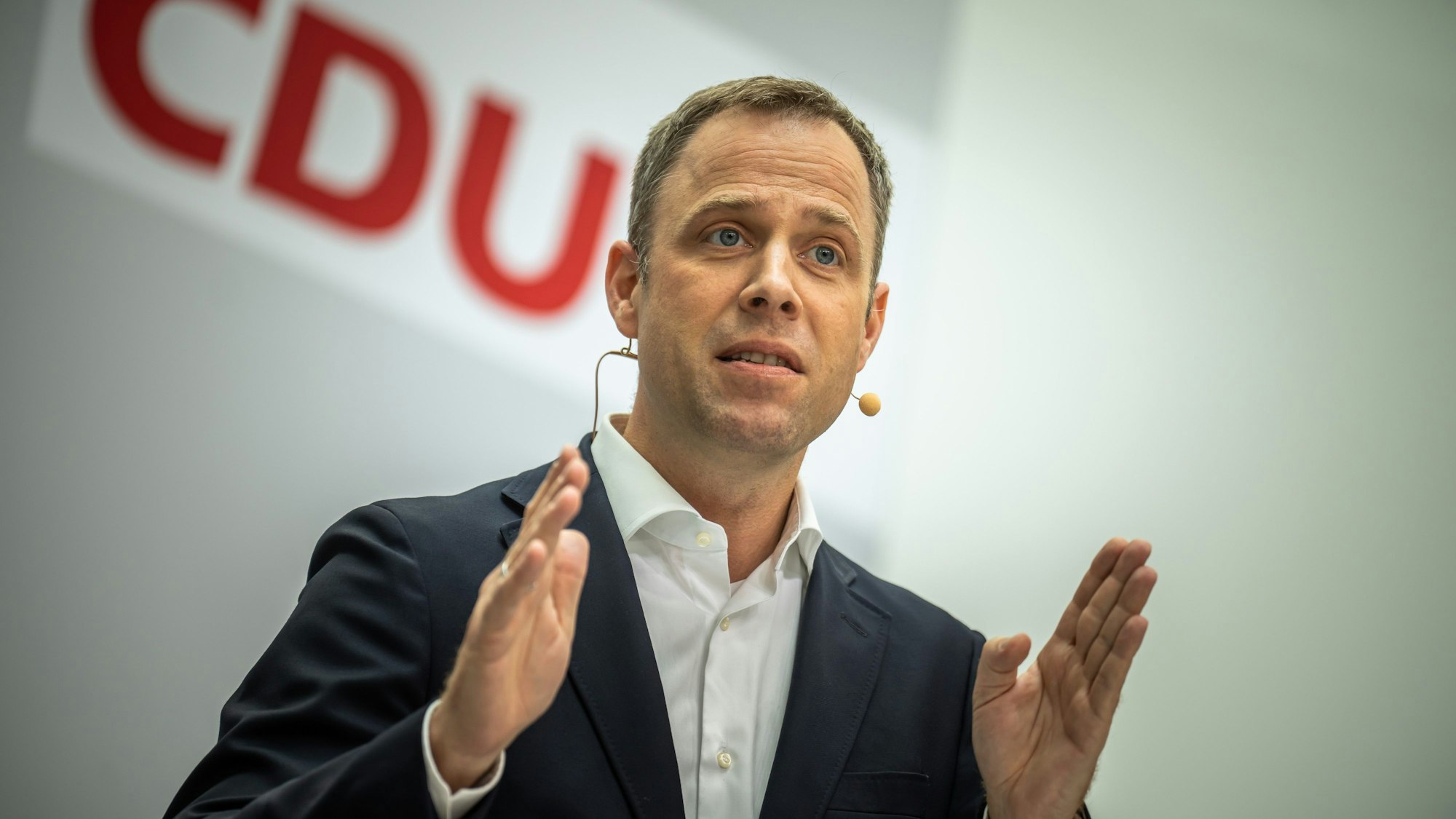 Mario Czaja, CDU-Generalsekretär, stellt in der Parteizentrale, dem Konrad-Adenauer-Haus, eine neue CDU-Kampagne vor.