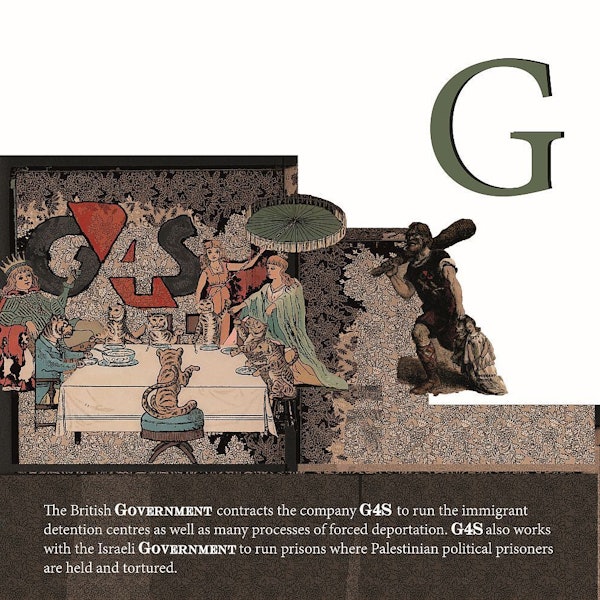 Eine Collage der Künstlerin Daniela Ortiz mit Menschen und Tigern am Esstisch.