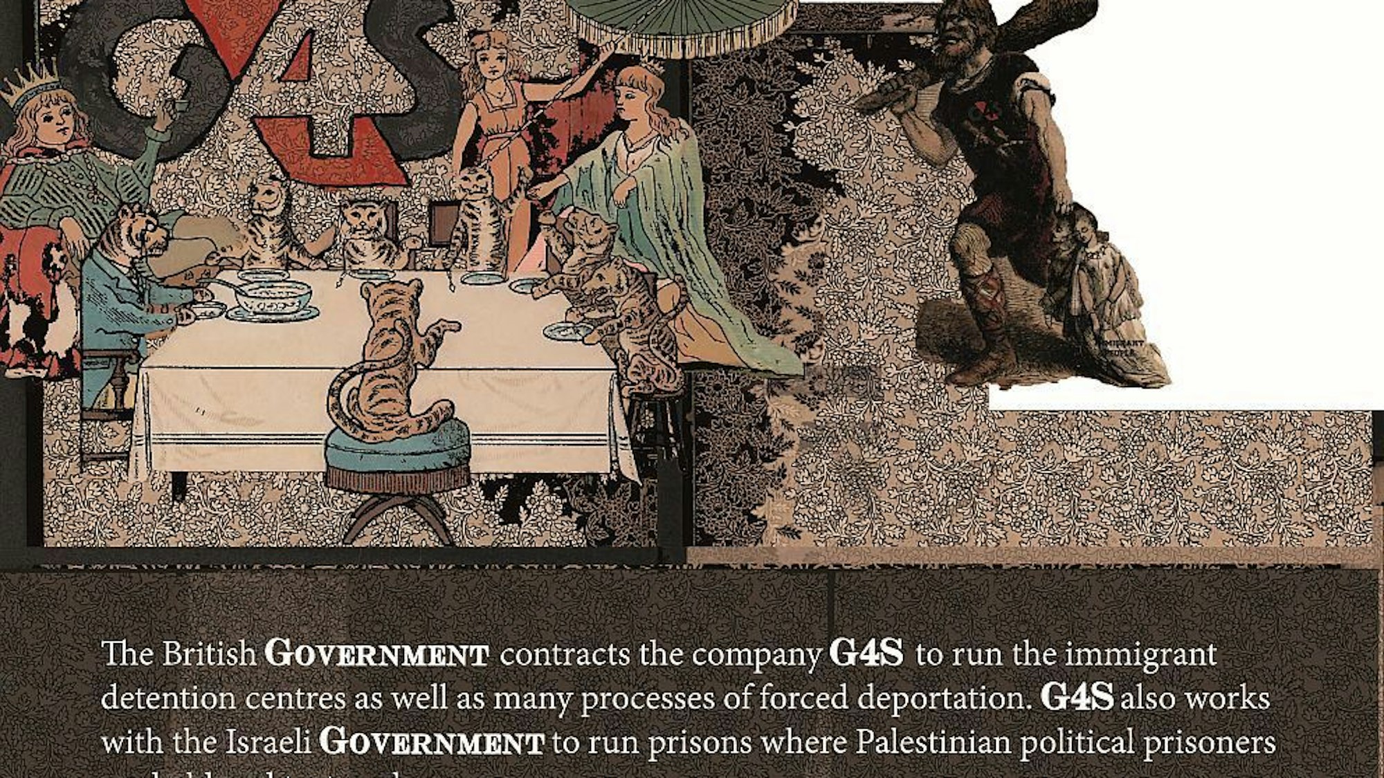An einem Esstisch sitzen Menschen und Raubtiere. Darunter steht ein Text zu Israel.