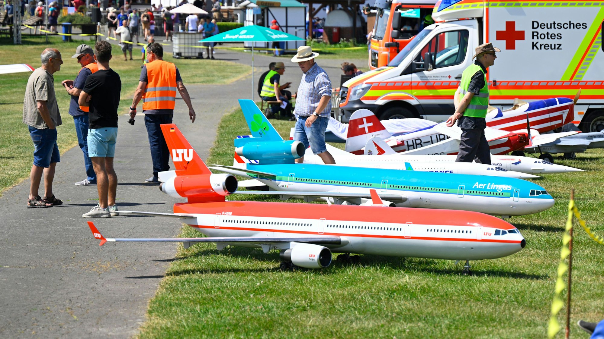 Mehrere große Modellflugzeuge stehen nebeneinander.