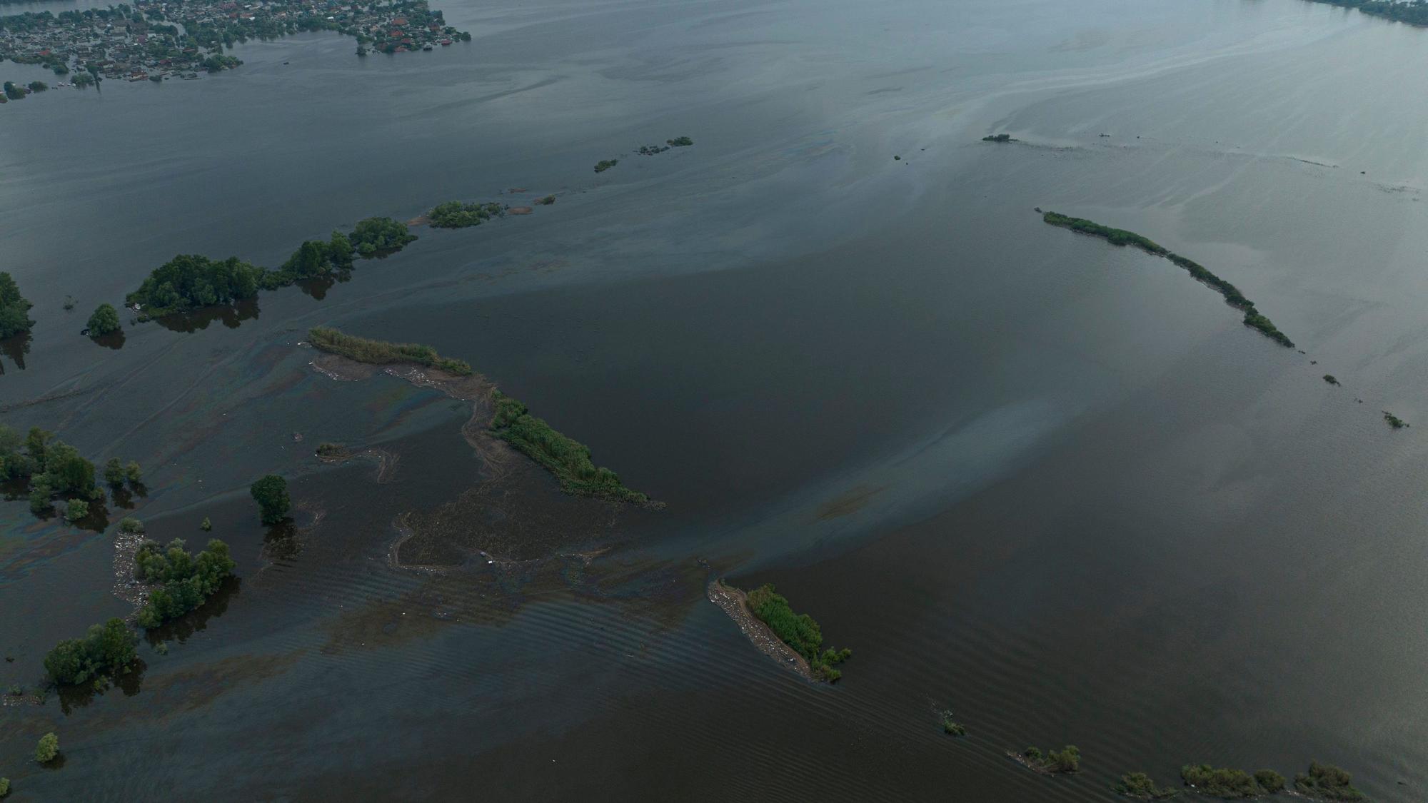 10. Juni 2023, Ukraine, Cherson: Ölverschmutzung im Fluss Dnipro im überfluteten Cherson. Die Zerstörung des Kachowka-Damms und das Auslaufen des Sees im Süden der Ukraine haben auch Naturschutzgebiete schwer getroffen. Ackerflächen sind geflutet. Wegen der zerstörten Kanalisation erhöhen Keime die Seuchengefahr. Aber die Folgen reichen viel weiter.