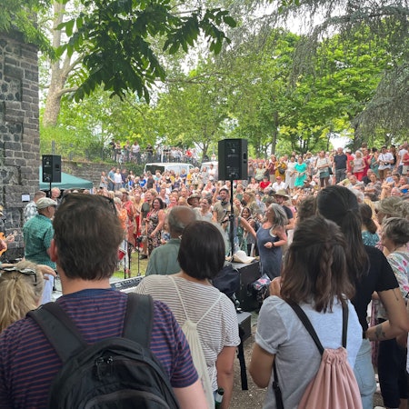 Viele Menschen stehen um eine Band in einem Park.