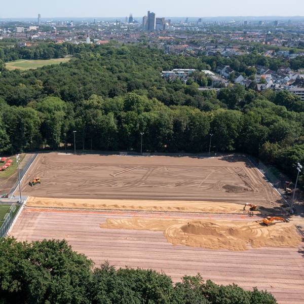Das Luftbild zeigt die Modernisierung der südlichen Trainingsplätze am Geißbockheim.
