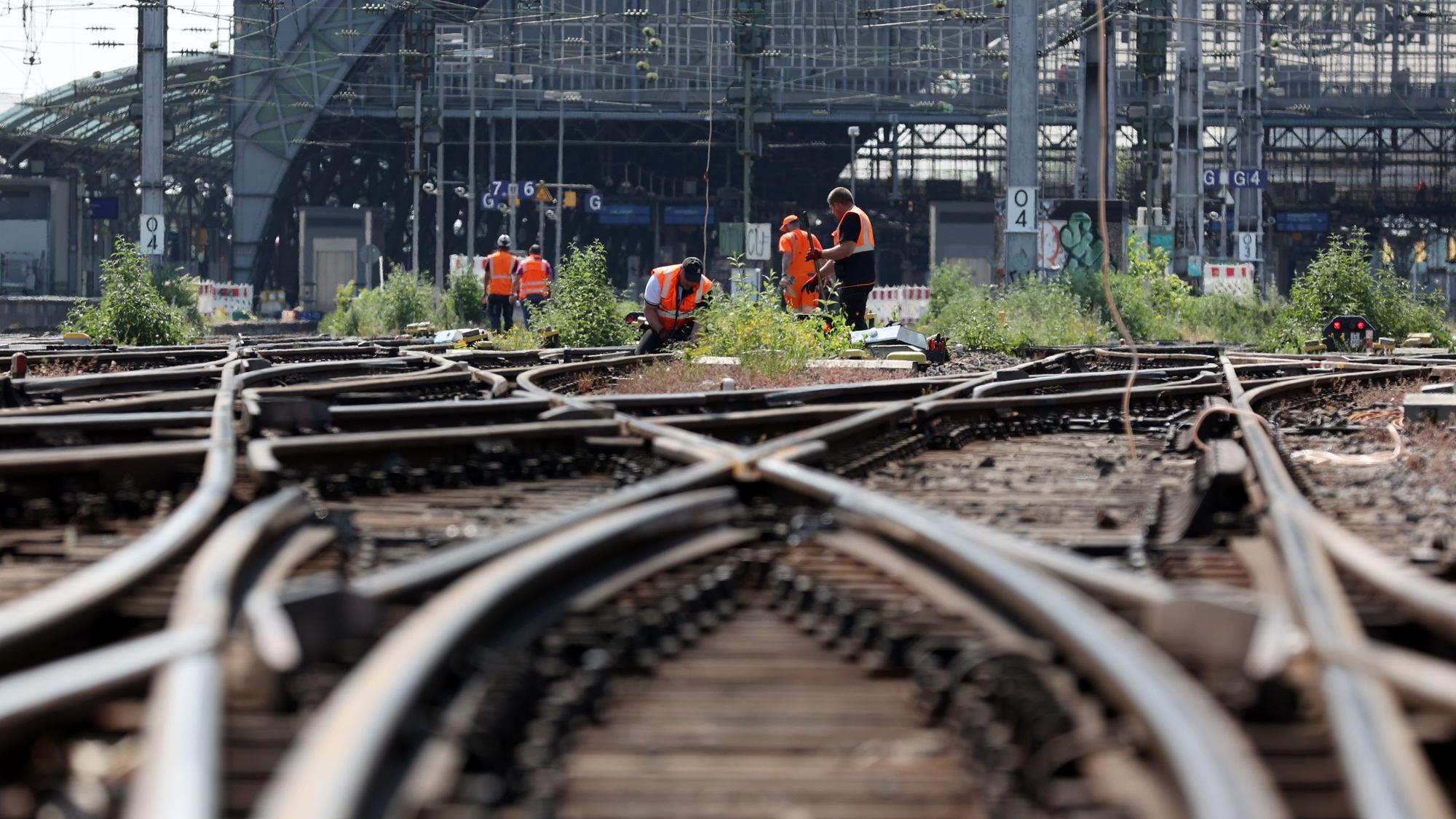 Der Kölner Hauptbahnhof wird am Sonntag komplett gesperrt. Auf dem Bild ist die Einfahrt aus Schienenperspektive zu sehen. Bauarbeiter in orangen Westen werkeln an Gleisen.