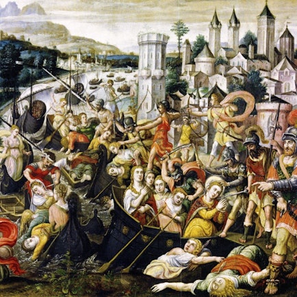 Das Gemälde von Bartholomäus Bruyn d.Ä, zeigt das Martyrium der Heiligen Ursula und ihrer 11000 Gefährtinnen vor den Toren der Stadt. Rechts im Bild sieht man das spätmittelalterliche Stadtpanorama, links den Rheinlauf vorbei am Siebengebirge, gemalt um 1512 bis 1515.