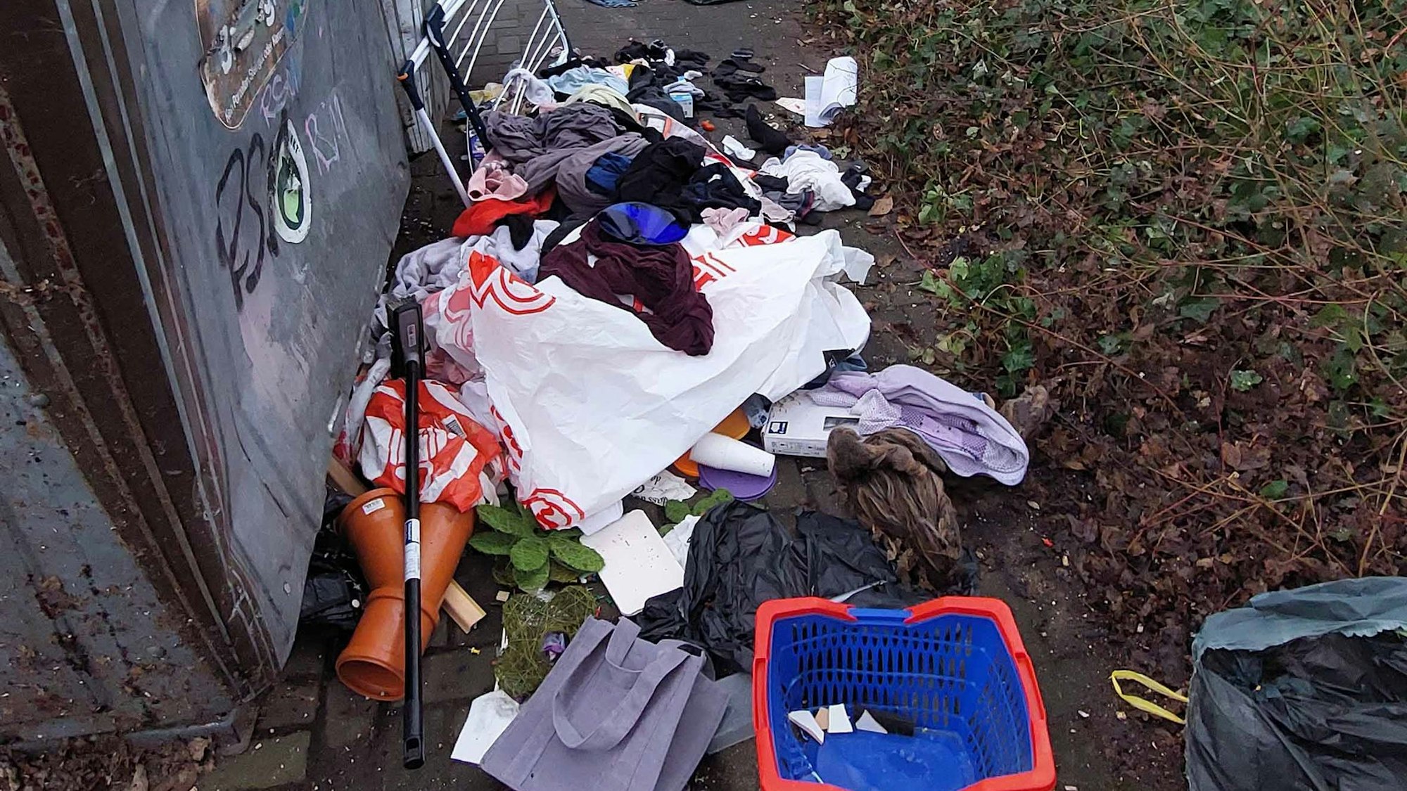 Allerlei Müll liegt vor einem Container auf der Erde.