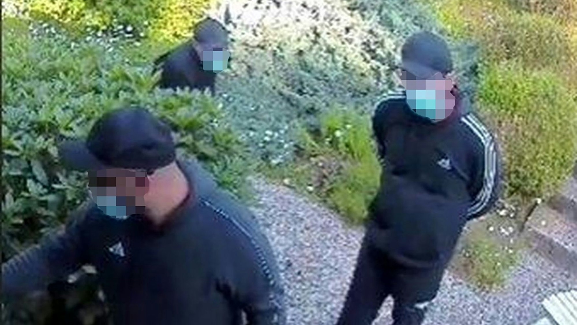 Das Bild zeigt drei maskierte Männer, die vor einer Haustür warten.