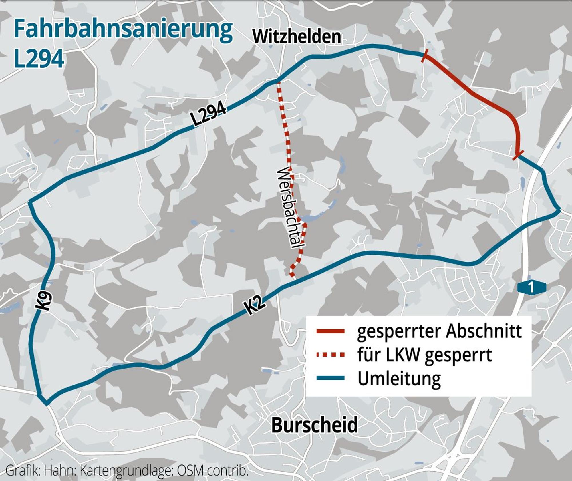Die ausgeschilderte Umleitung führt über die Kreisstraße 2 (Hilgener Straße) und die Kreisstraße 9 (Grünscheid).