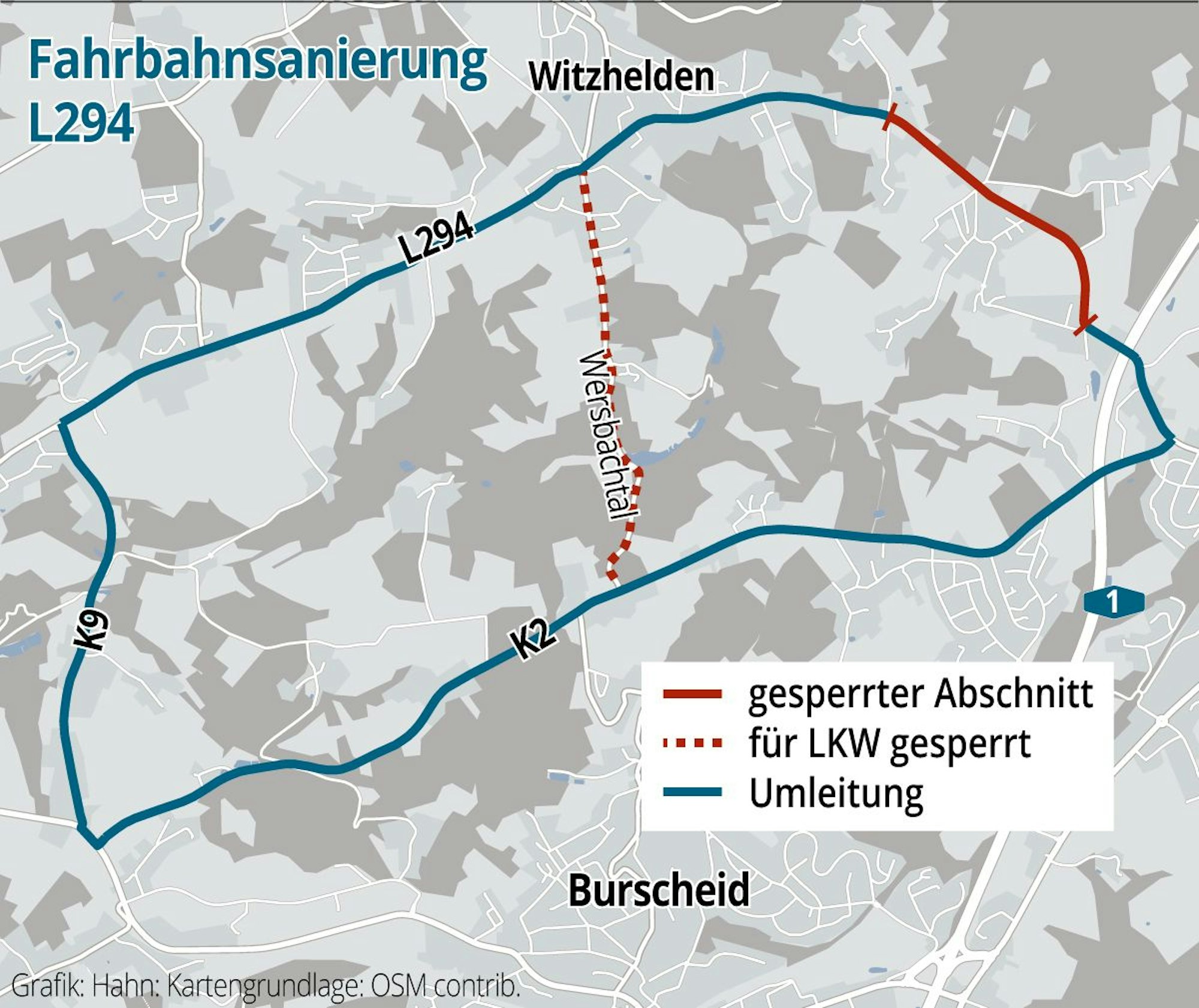 Die ausgeschilderte Umleitung führt über die Kreisstraße 2 (Hilgener Straße) und die Kreisstraße 9 (Grünscheid).