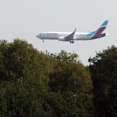 Ein Flugzeug fliegt über Bäume.