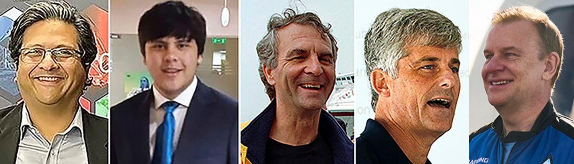 Die Insassen der „Titan“: Shahzada Dawood, Suleman Dawood, Paul-Henri Nargeolet, Stockton Rush und Hamish Harding (v.l.n.r.)