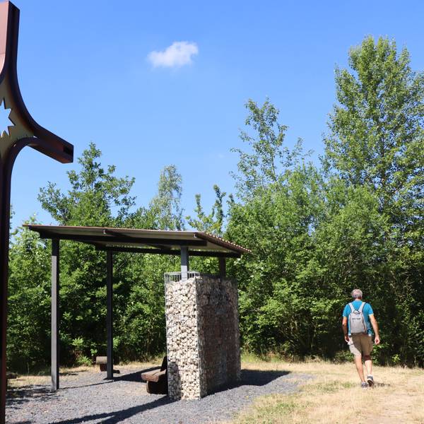 Das Bild zeigt die Lichtung mit Gipfelkreuz an der Bethlehemer Höhe in Bergheim.