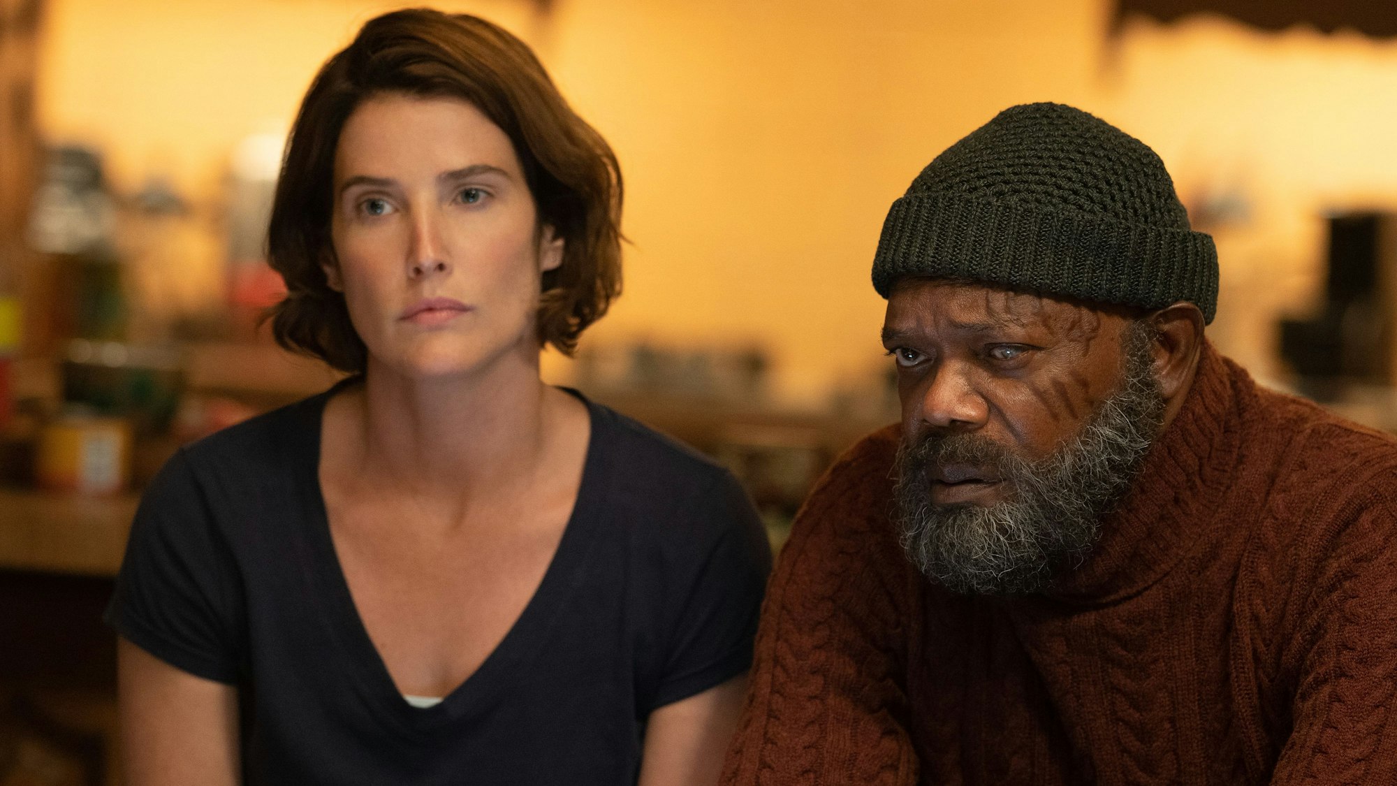 Cobie Smulders und Samuel L. Jackson schauen besorgt in die Runde.