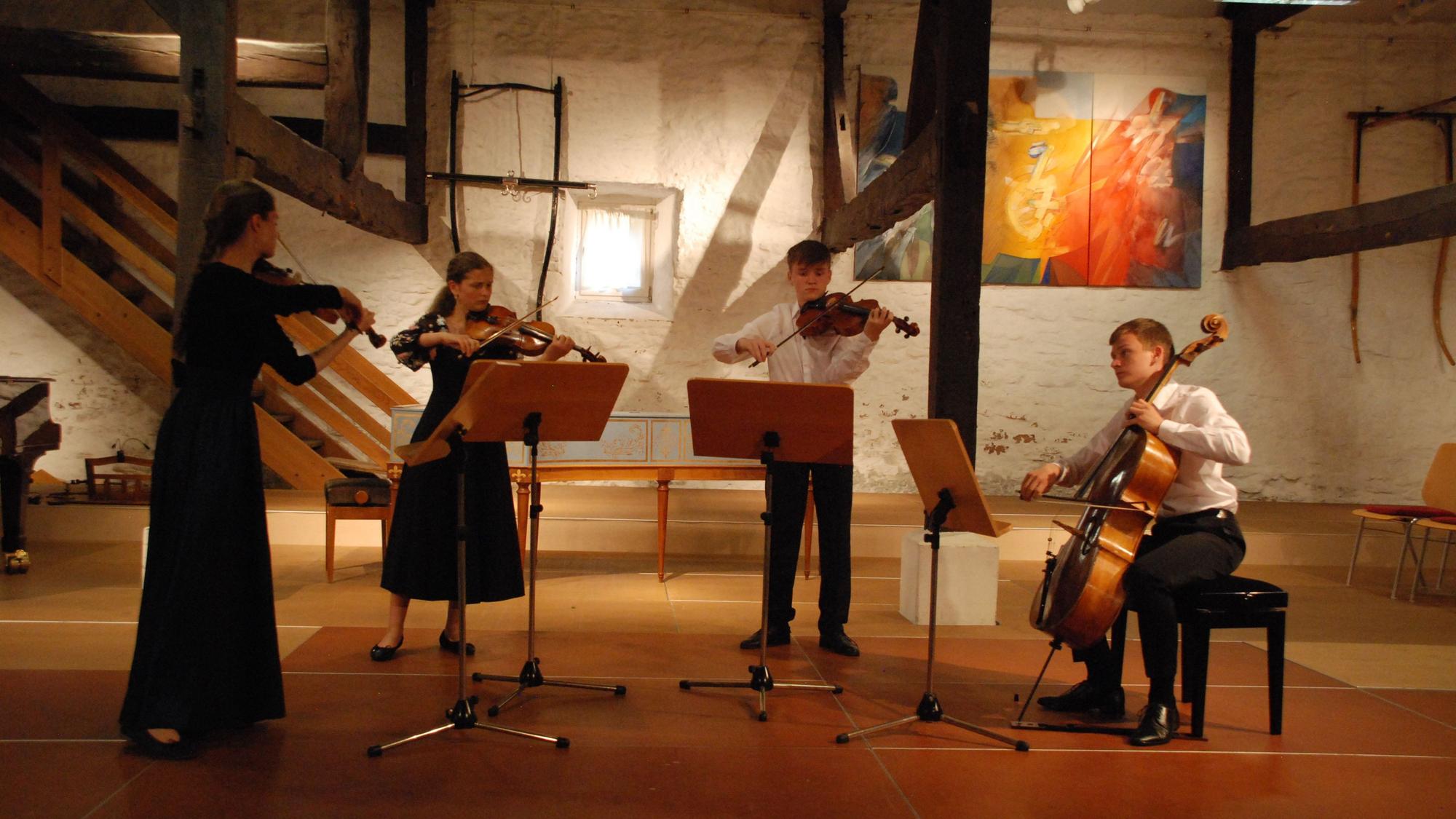 Die jungen Musiker mit ihren Streichinstrumenten beim Konzert.
