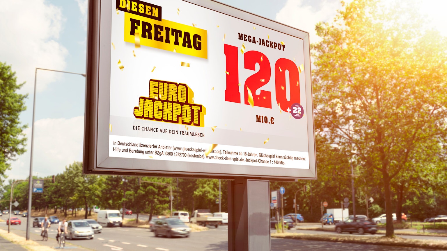 Eurojackpot-Schild an Straße.