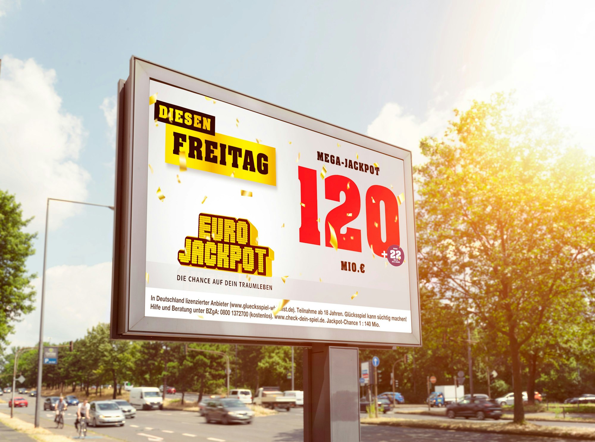 Eurojackpot-Schild an Straße.