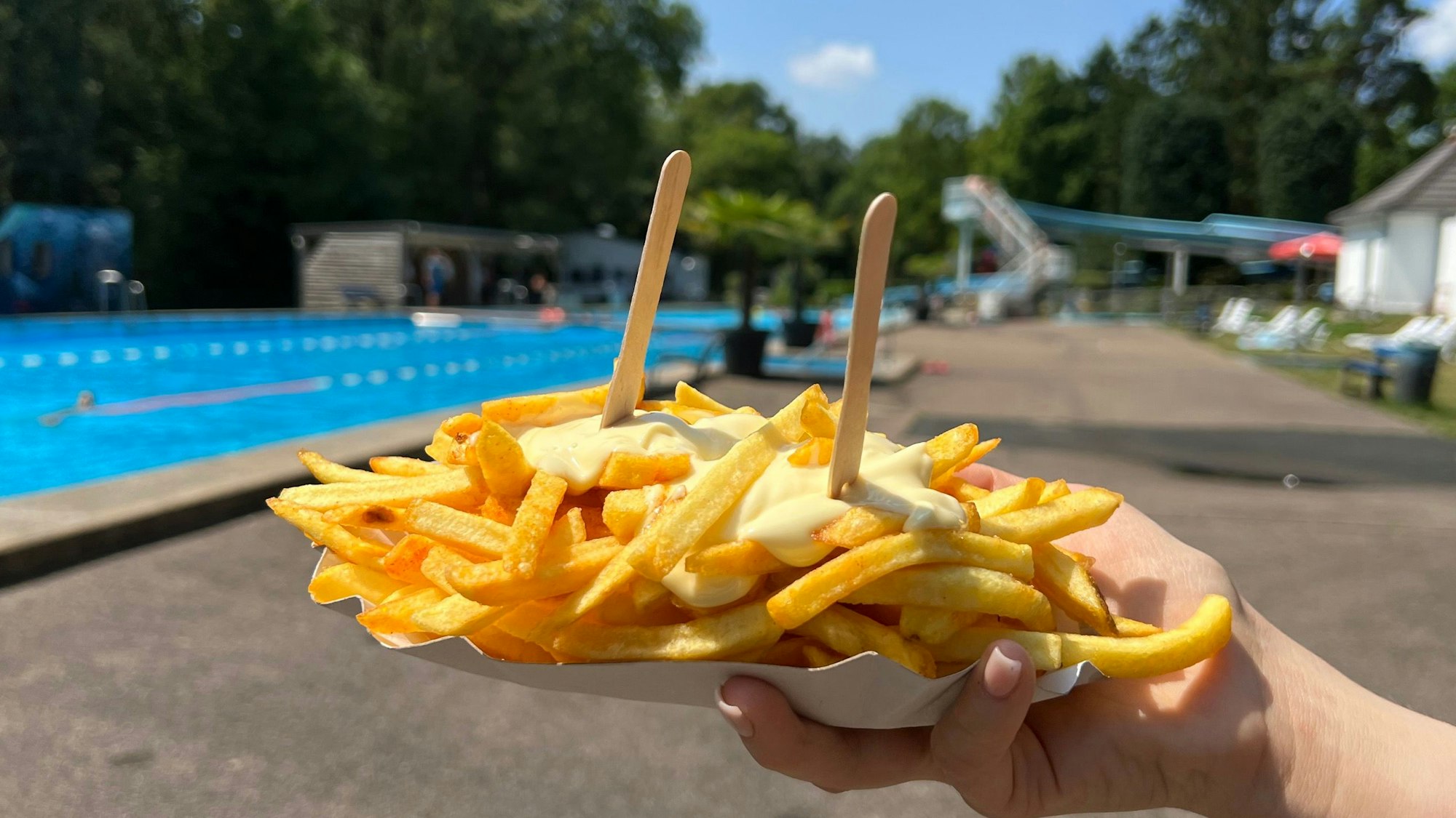 Eine Schale Pommes mit Mayo wird vor den Hintergrund des Schwimmbeckens im Waldbad gehalten.