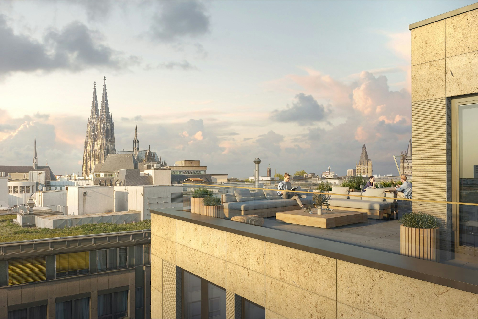 Die Visualisierung zeigt die Dachterrasse mit Domblick.