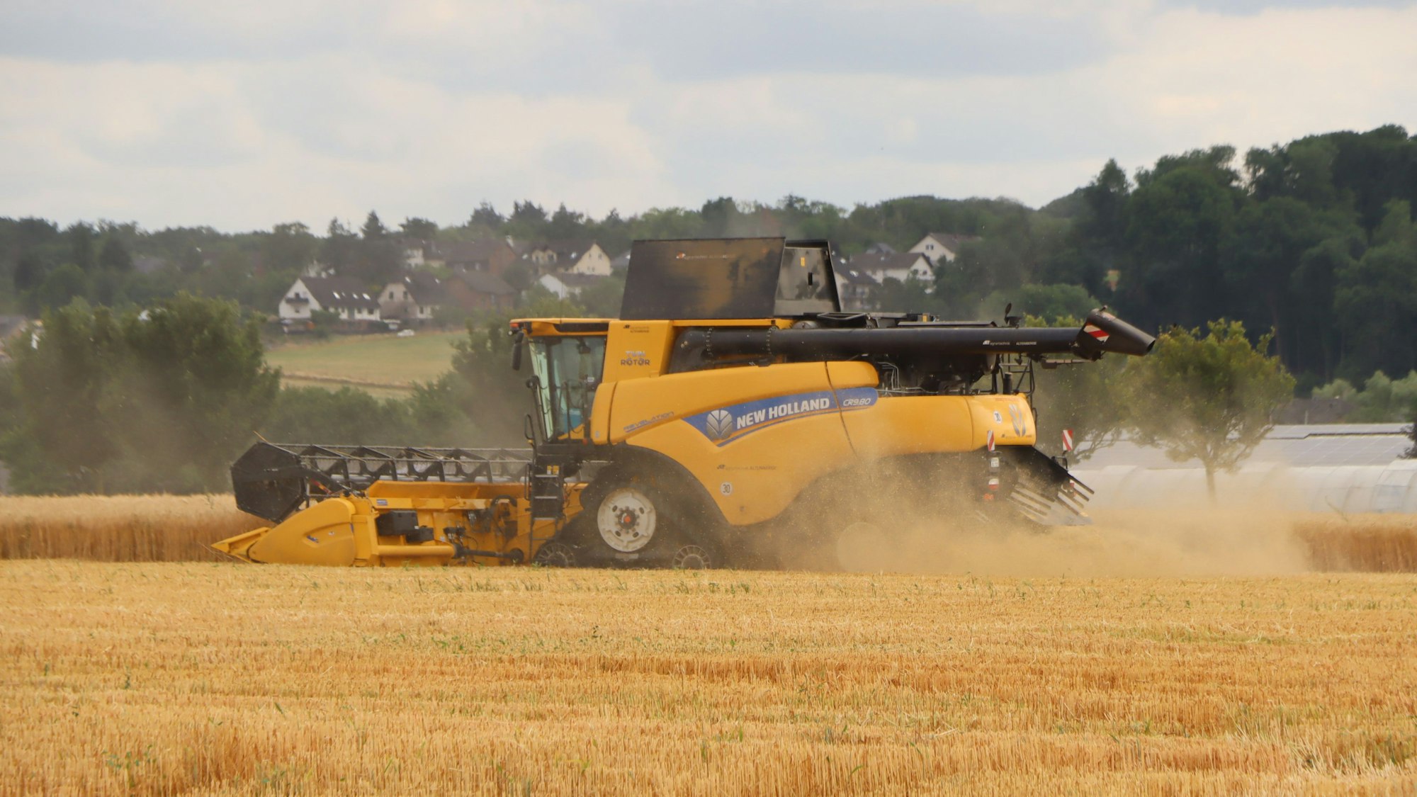 Das Bild zeigt einen Mähdrescher auf einem Getreidefeld.