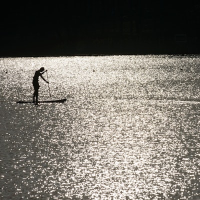 Zwei Männer fahren mit Stand-Up-Paddle-Board auf einem See. Die Sonne scheint auf die Wasseroberfläche.
