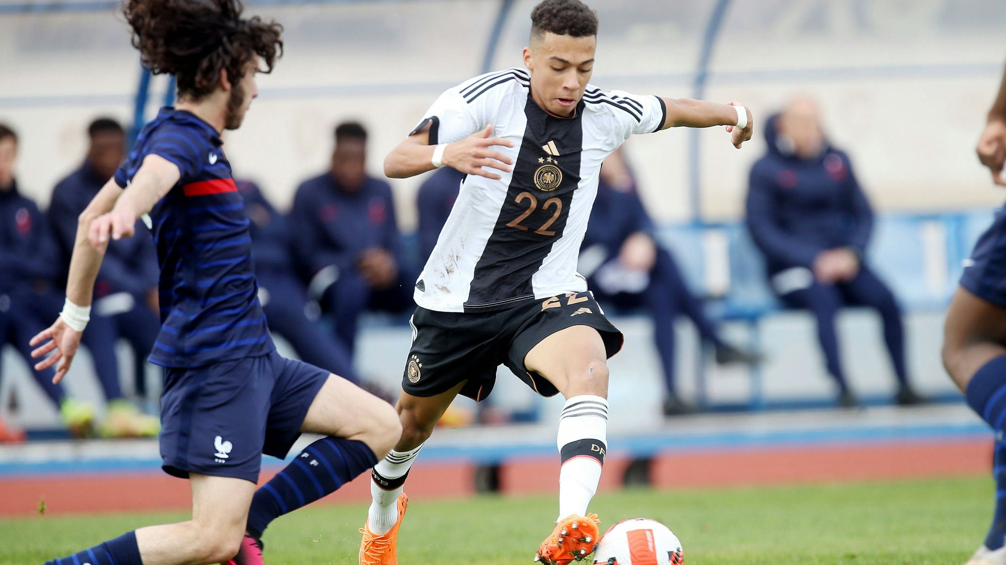 Montrell Culbreath GER . Fussball: Länderspiel, UEFA Development Tournament in Altura, Portugal: Saison 22/23: Deutschland vs Frankreich , U16 Nationalmannschaft, 08.02.2023. *** Montrell Culbreath GER sports football international match, UEFA Development Tournament in Altura, Portugal season 22 23 Germany vs France , U16 national team, 08 02 2023