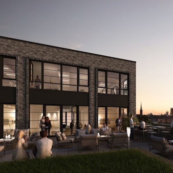 Die Visualisierung zeigt den Blick von einem Hochhaus Richtung Altstadt.