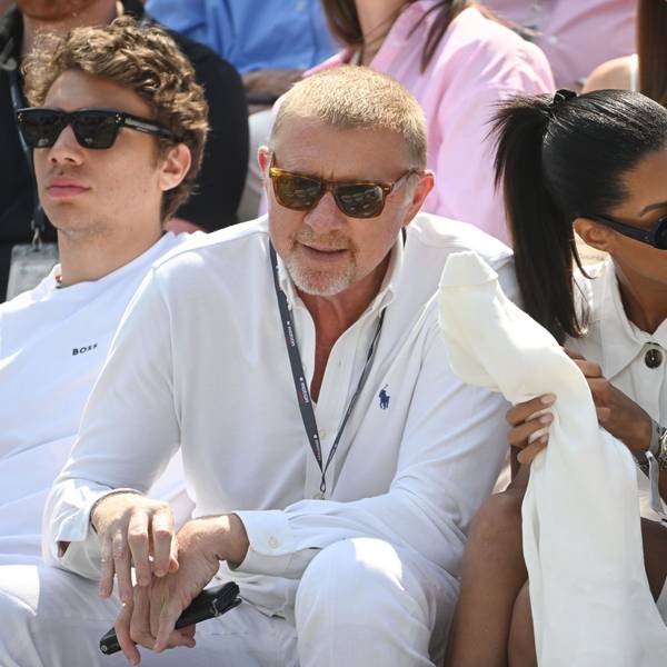 Boris Becker mit seiner Freundin Lilian de Carvalho Monteiro (r. ) und Sohn Elias in Stuttgart im Juni 2023.