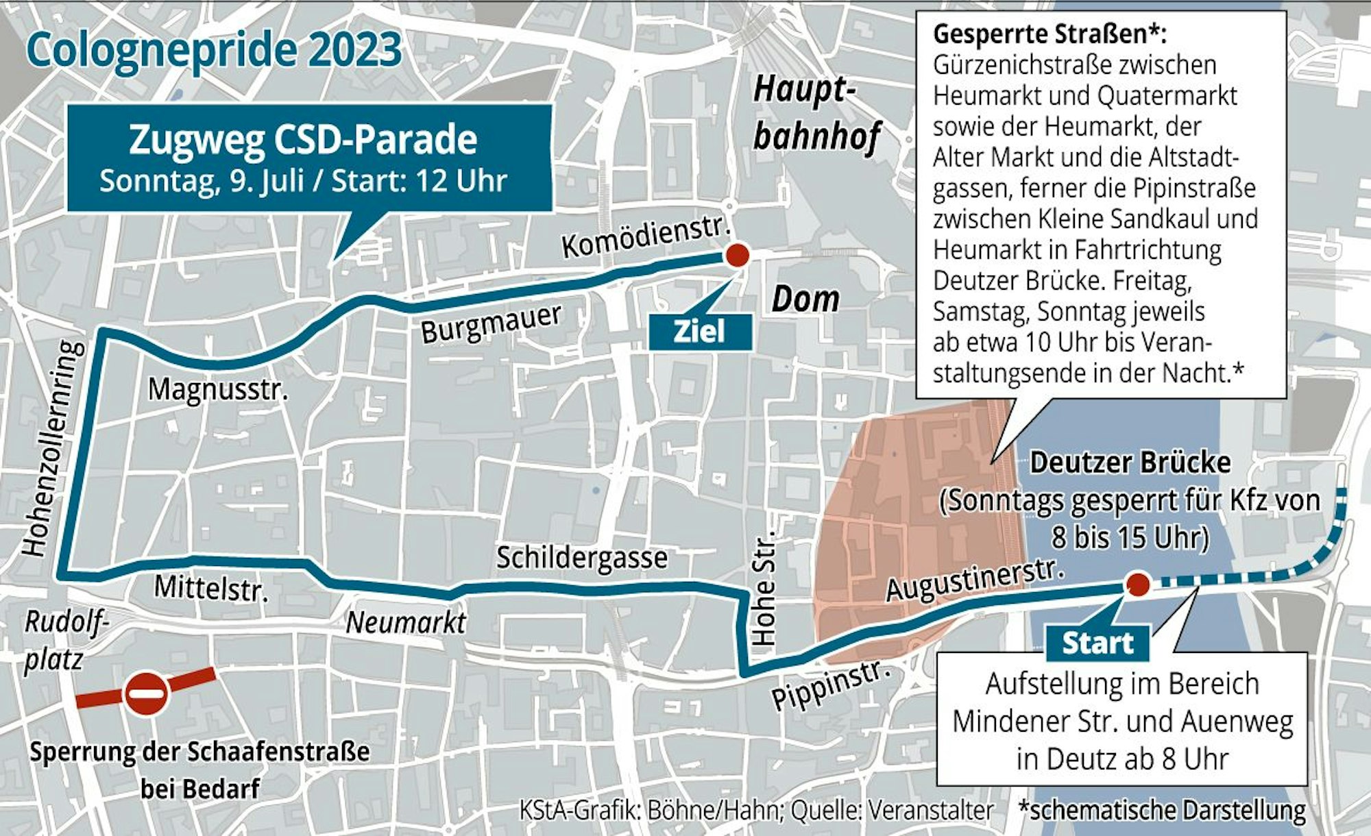 Eine Grafik zum Zugweg der CSD-Parade am Sonntag.