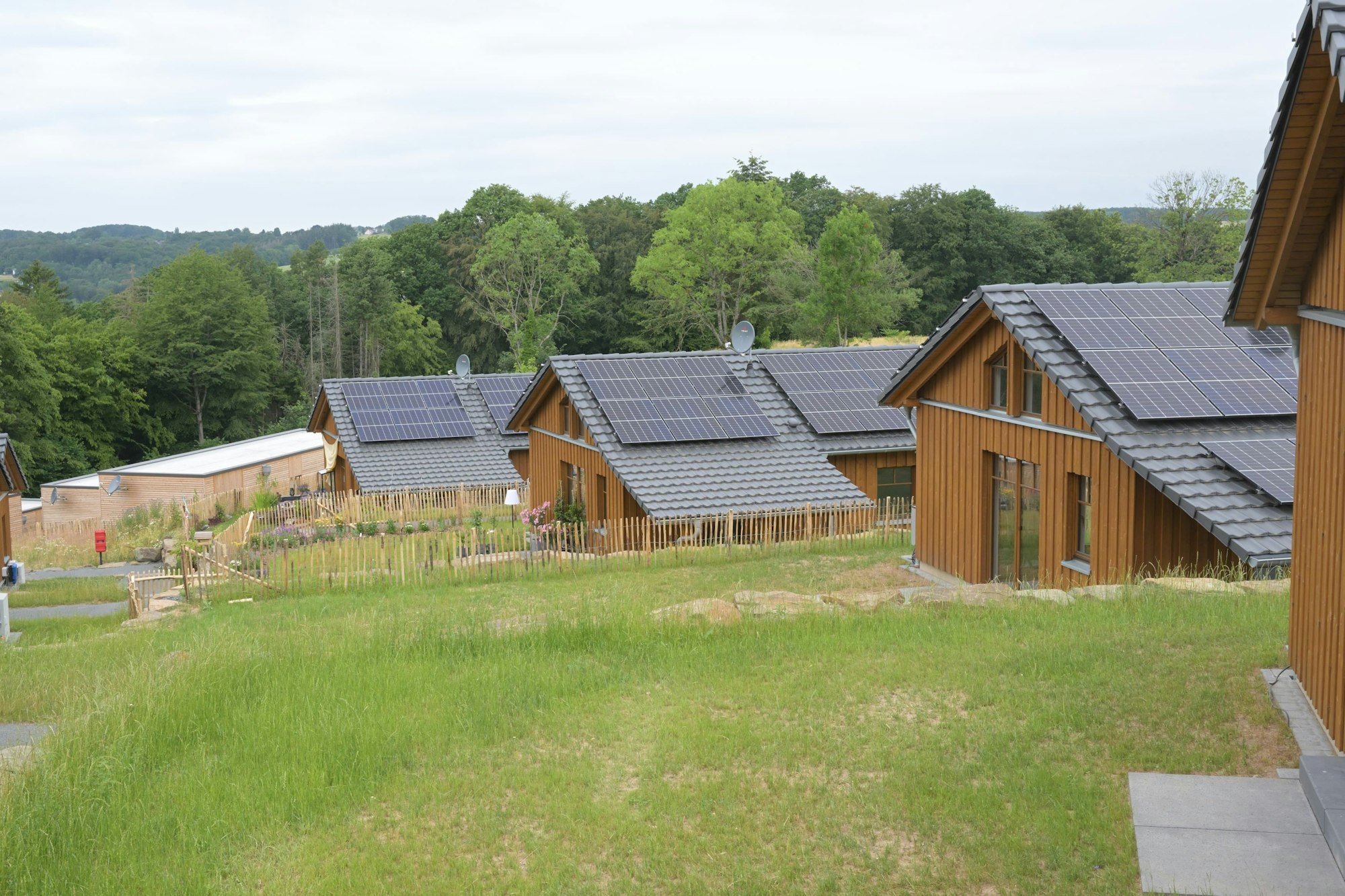 Eine Reihe neu errichteter Wochenendhäuser an einem Hang.