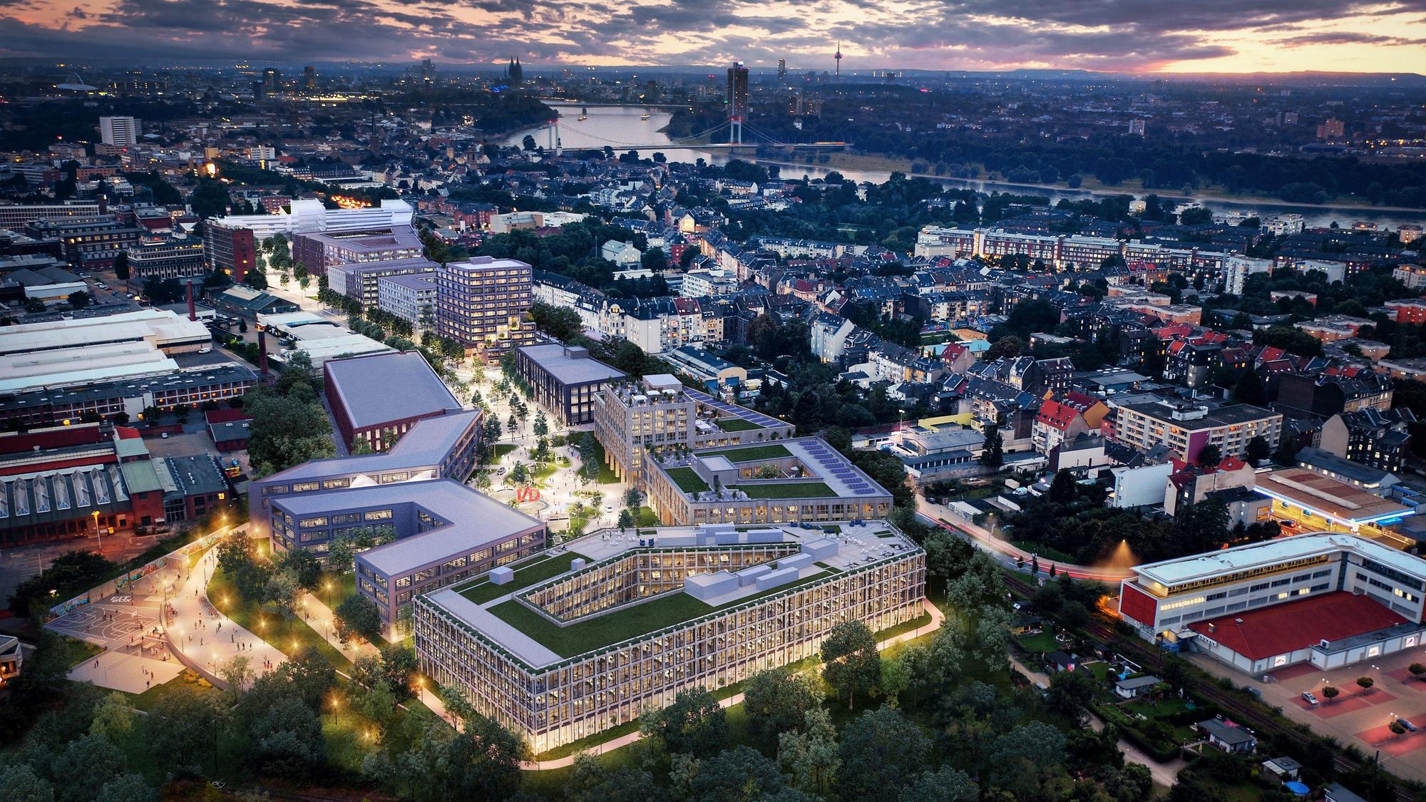 Der Blick dieser Visualisierung geht von Norden auf das Gewerbegebiet I/D Cologne in Mülheim. Es soll 2031 nach 13 Jahren Bauzeit fertig sein.