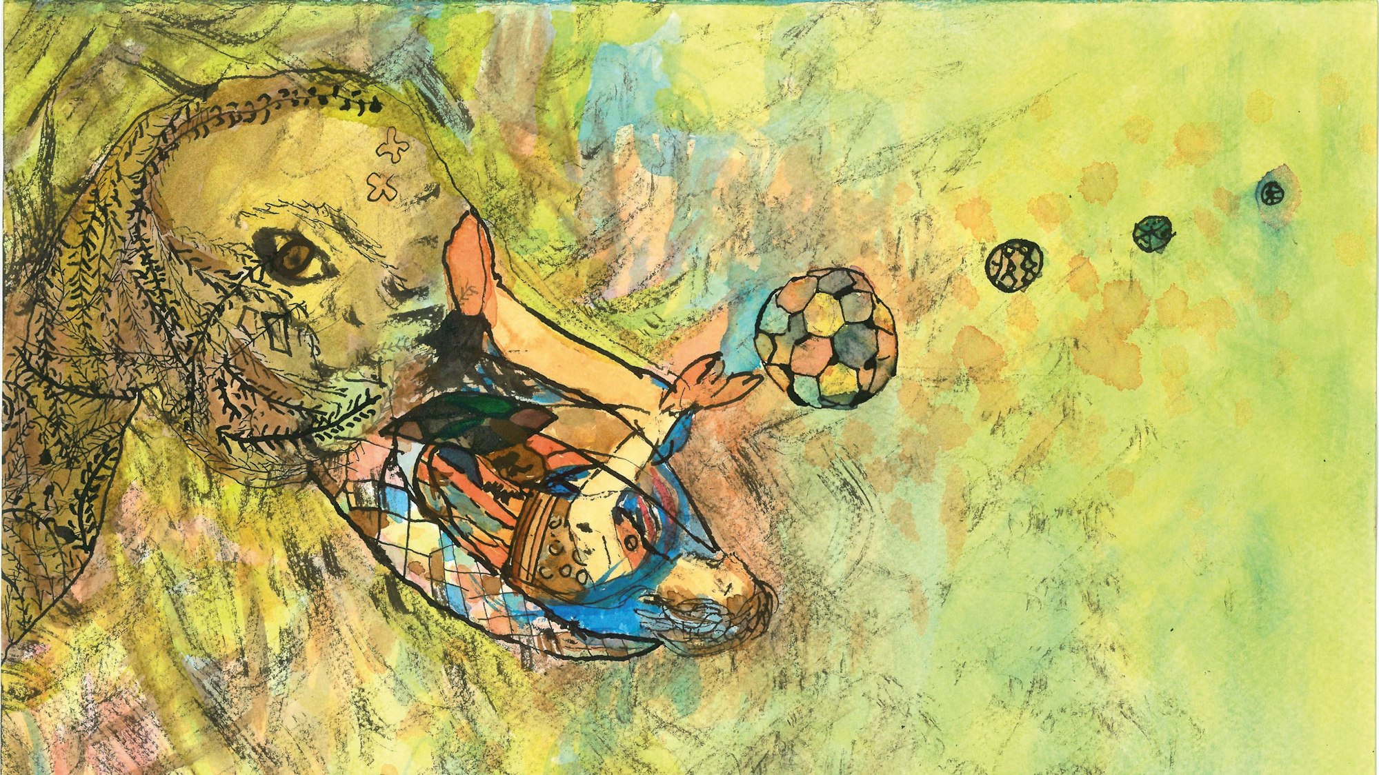 Eine auf dem Rücken liegende Figur scheint bunte Bälle zu fangen, während ein fantastisches Wesen an ihr knabbert.