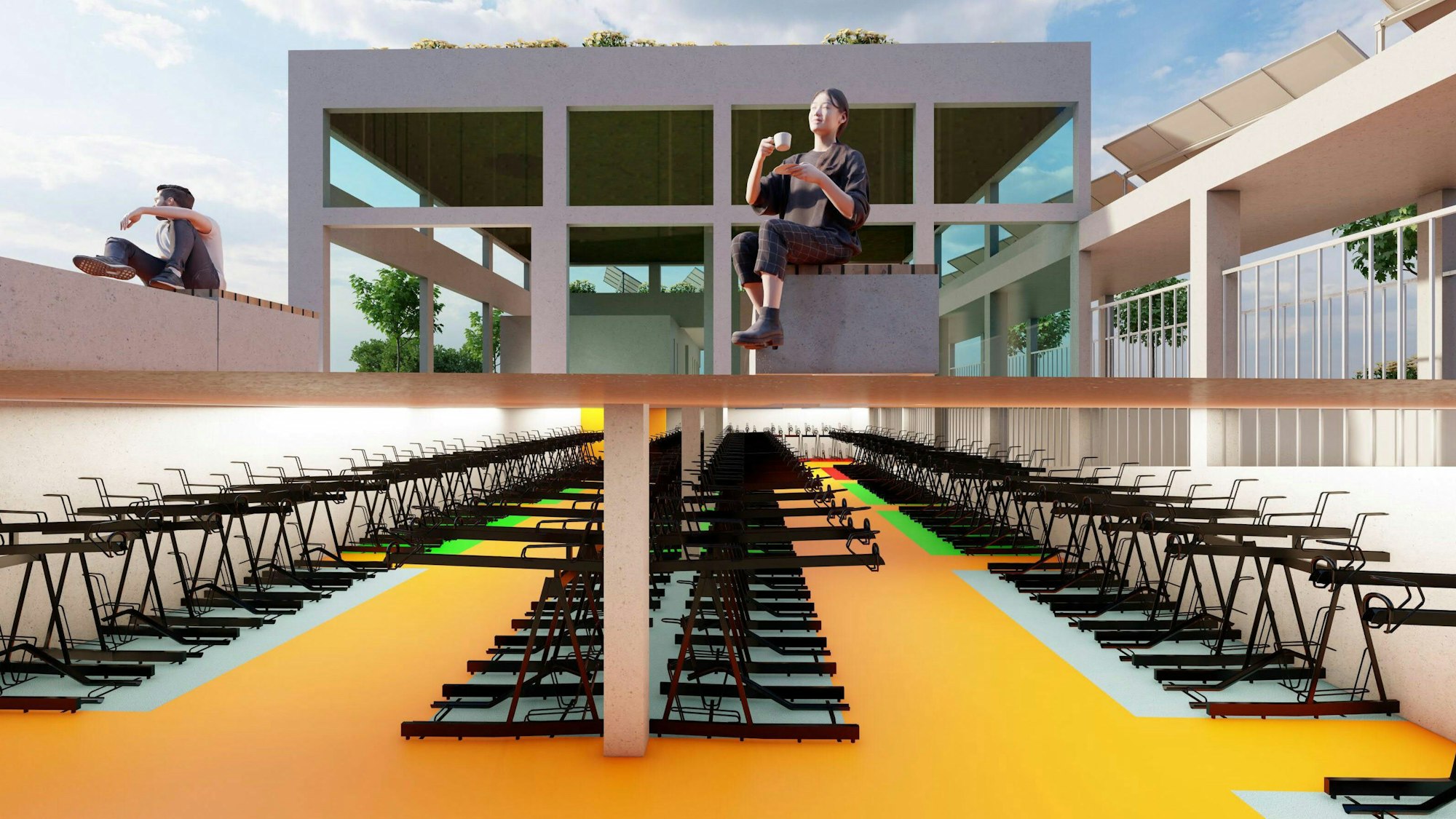 Eine weitere Visualisierung zeigt die Doppelfahrradständer und darüber den Platz mit Neubauten für Werkstatt und Service.