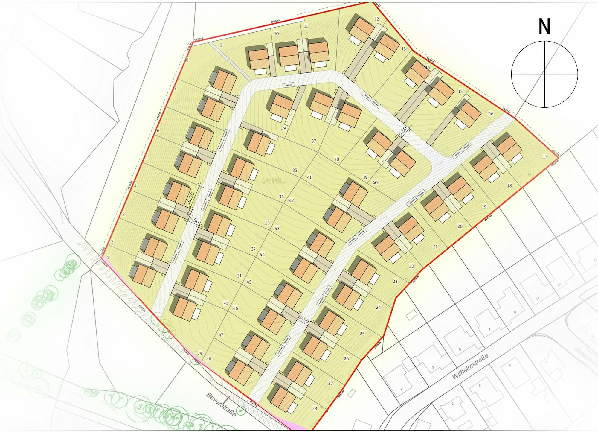 Eine Planskizze zeigt den Entwurf zu einem Neubaugebiet in Wipperfürth-Neye mit 48 Baugrundstücken die um eine hufeisenförmige Straße angeordnet sind.