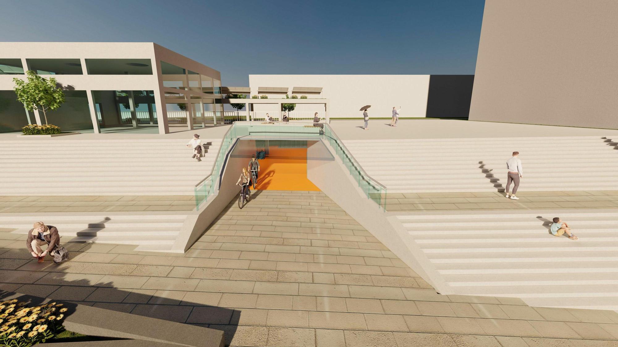 Die Hennefer Radstation soll zum Teil auf und zum Teil unter dem Place-Le-Pecq entstehen. Visualisierung: slb-architekten und ingenieure