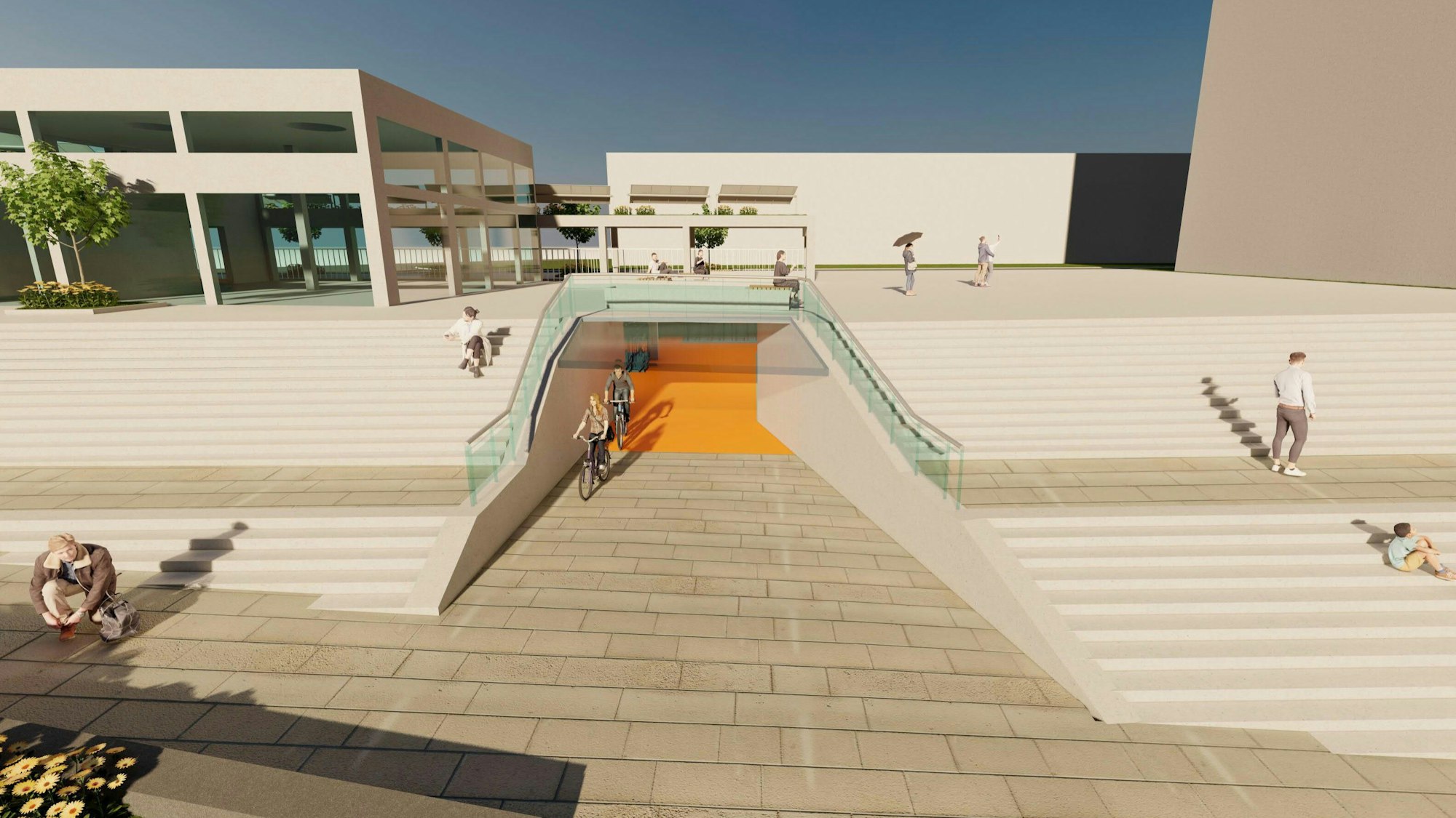 Die Visualisierung eines Architektenbüros zeigt, wie die Radstation mit Eingang zur Garage in der Treppenanlage des Place-Le-Pecq aussehen wird.