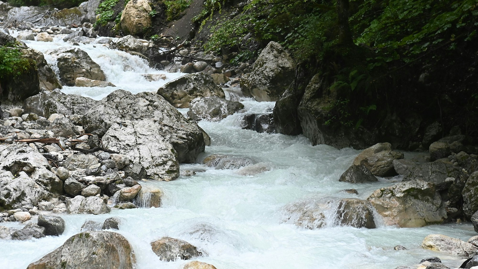 Der Hammersbach am Ausgang der Höllentalklamm. Die Stromschnellen schlängeln sich durch die Steine der Schlucht.