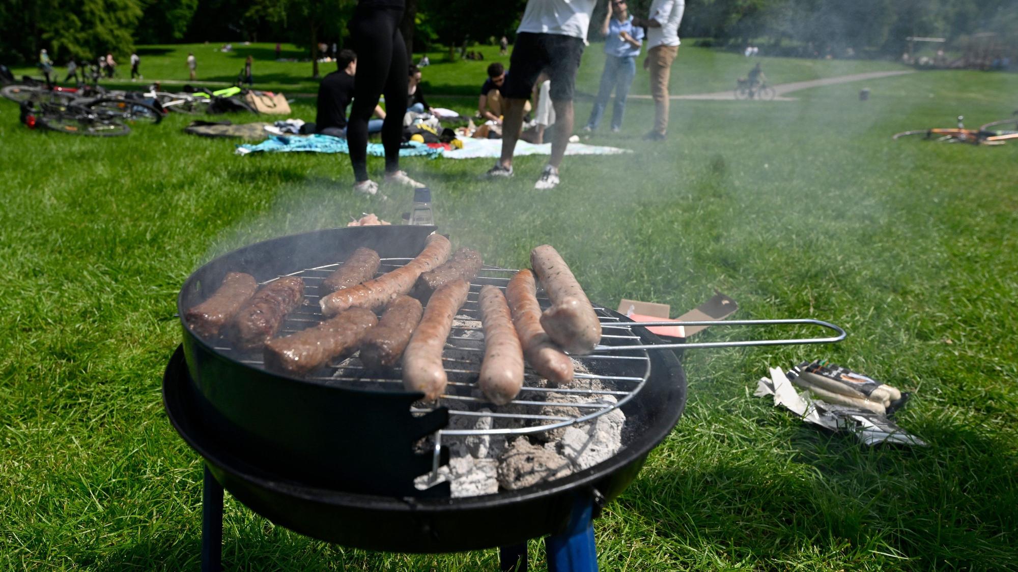 In einem Park hat eine Gruppe Menschen einen kleinen Grill aufgebaut, darauf liegt Grillgut.