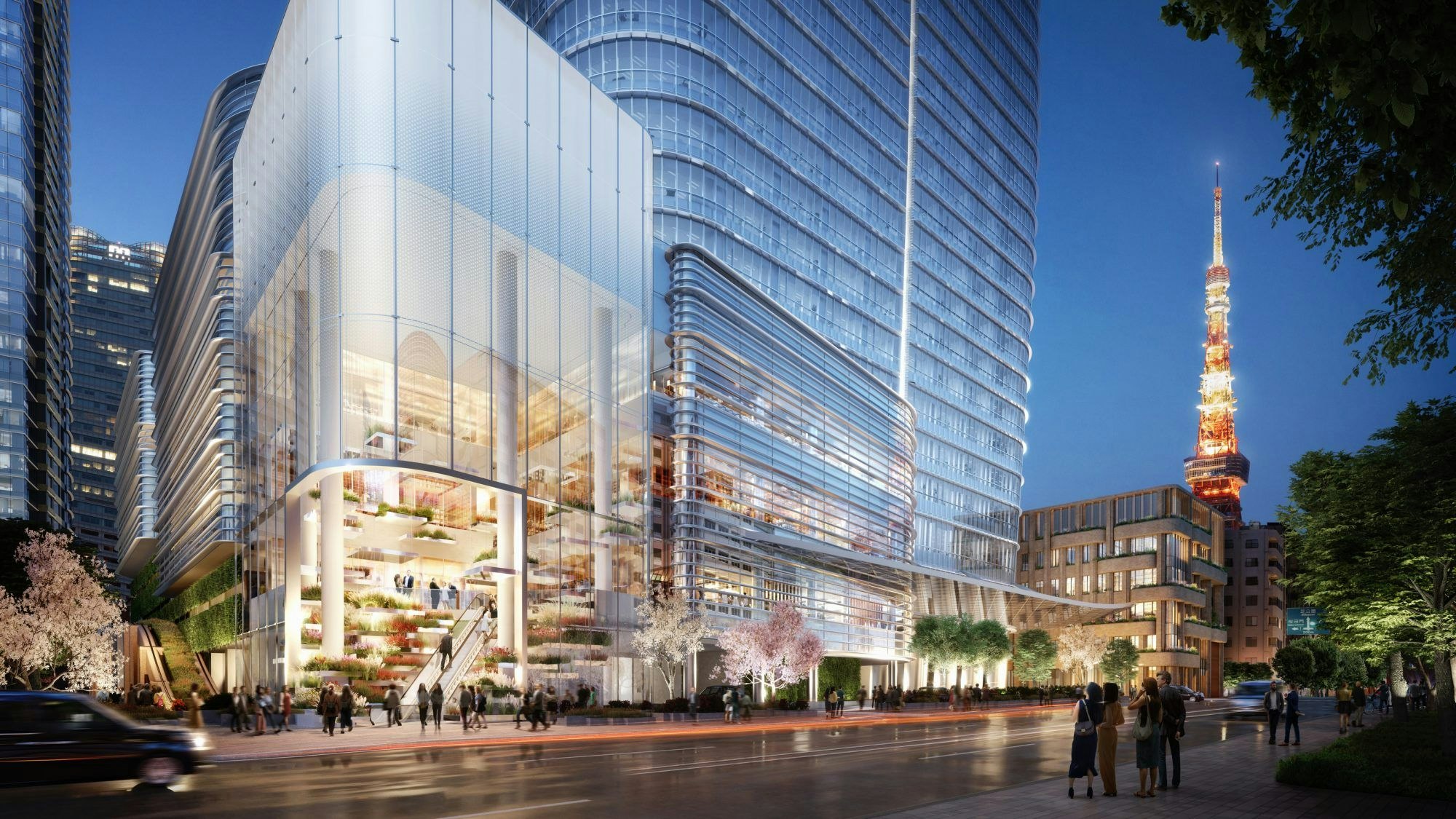 Der Eingang des neuen Hochhauses in Tokio (Entwurf)