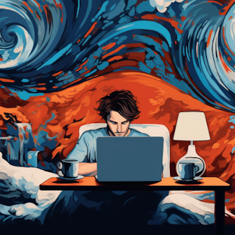 Illustration: Ein Mann sitzt vor dem Laptop.