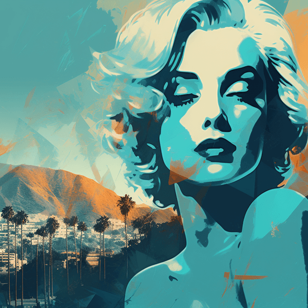 KI-Bild von Schauspielerin vor angedeuteten Hollywood Hills