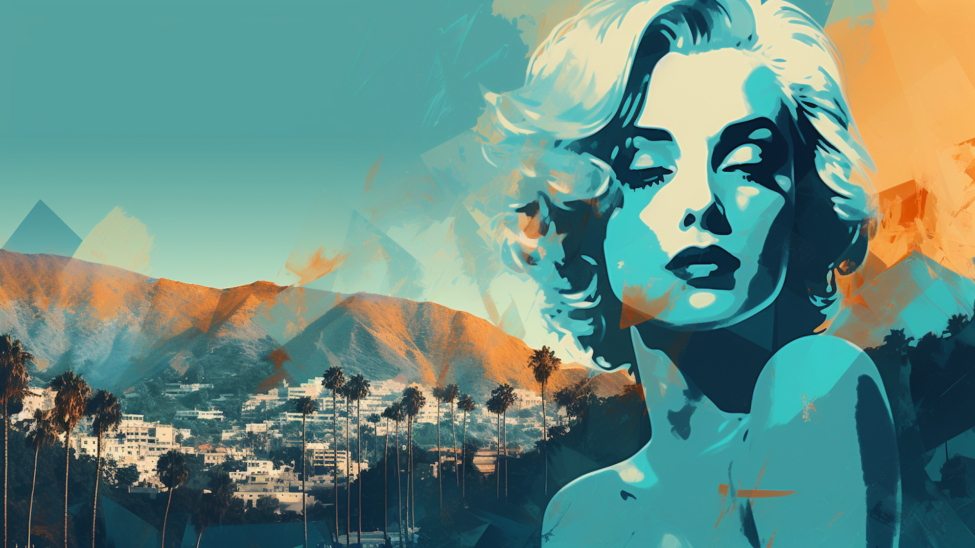 KI-Bild von Schauspielerin vor angedeuteten Hollywood Hills