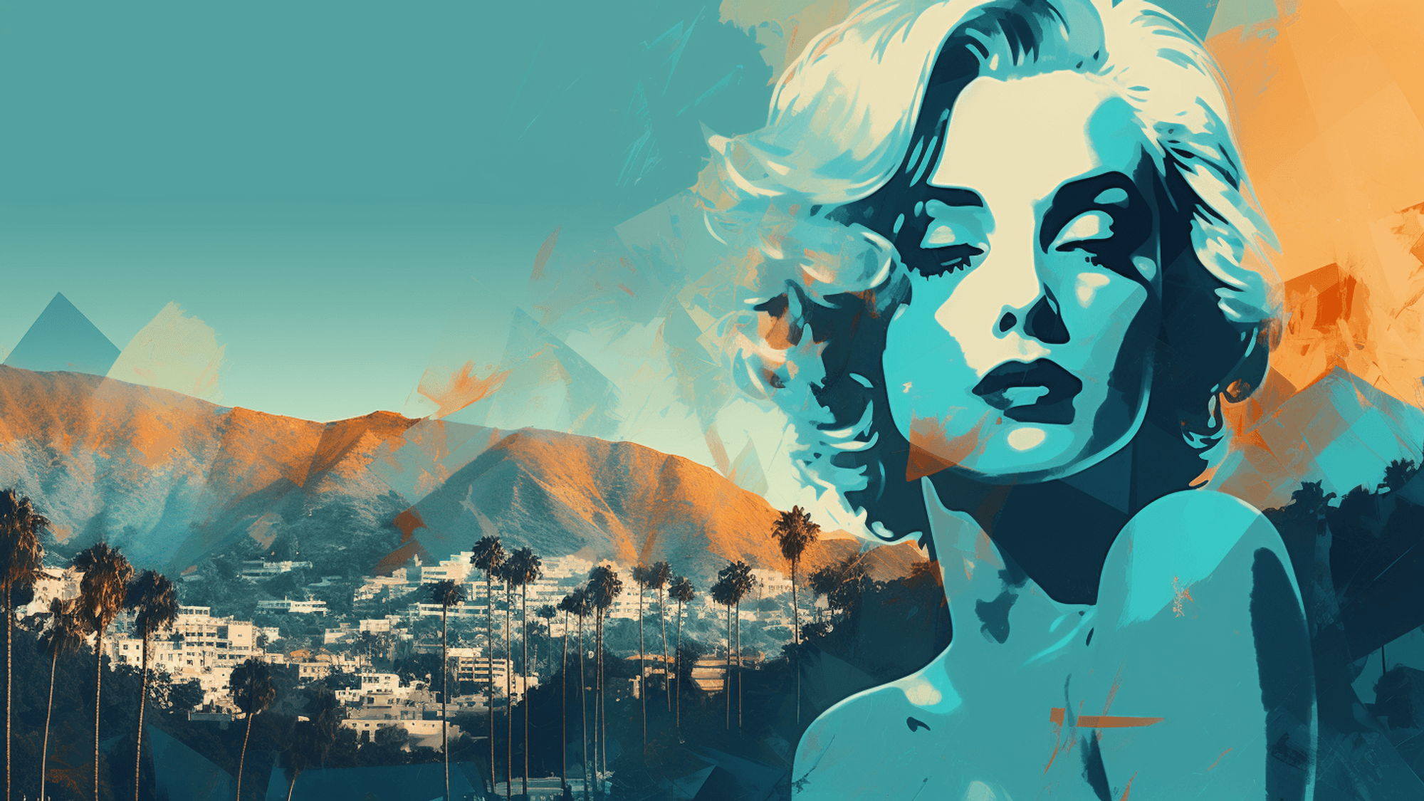 KI-Bild von Schauspielerin vor angedeuteten Hollywood Hills