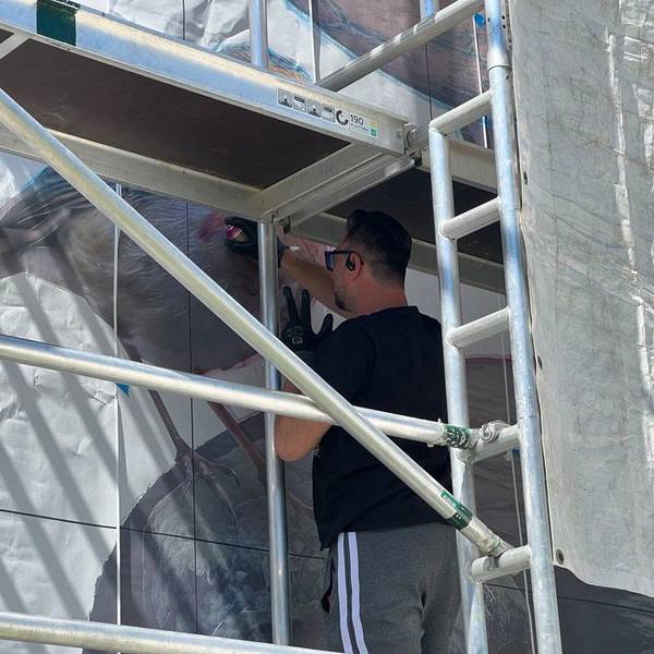 Der Leichlinger Künstler Eike Conzen alias Tank sprayt sein Bild an die Hausfassade eines ökologisch sanierten Fachwerkhauses.
