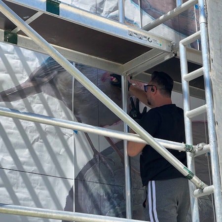 Der Leichlinger Künstler Eike Conzen alias Tank sprayt sein Bild an die Hausfassade eines ökologisch sanierten Fachwerkhauses.